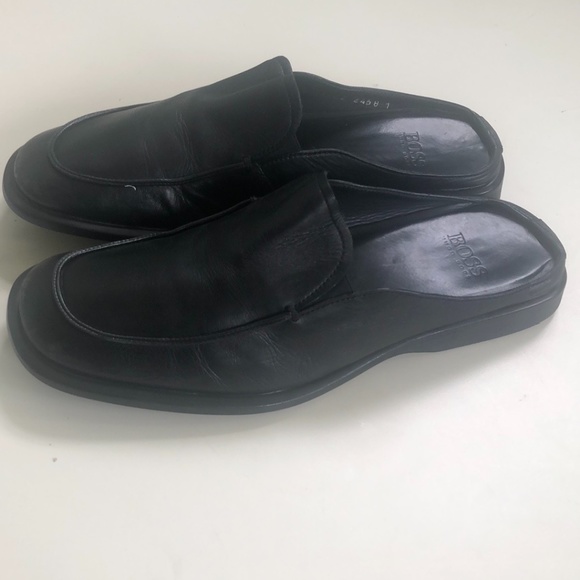 HUGO BOSS Men Black Leather Slides Slippers